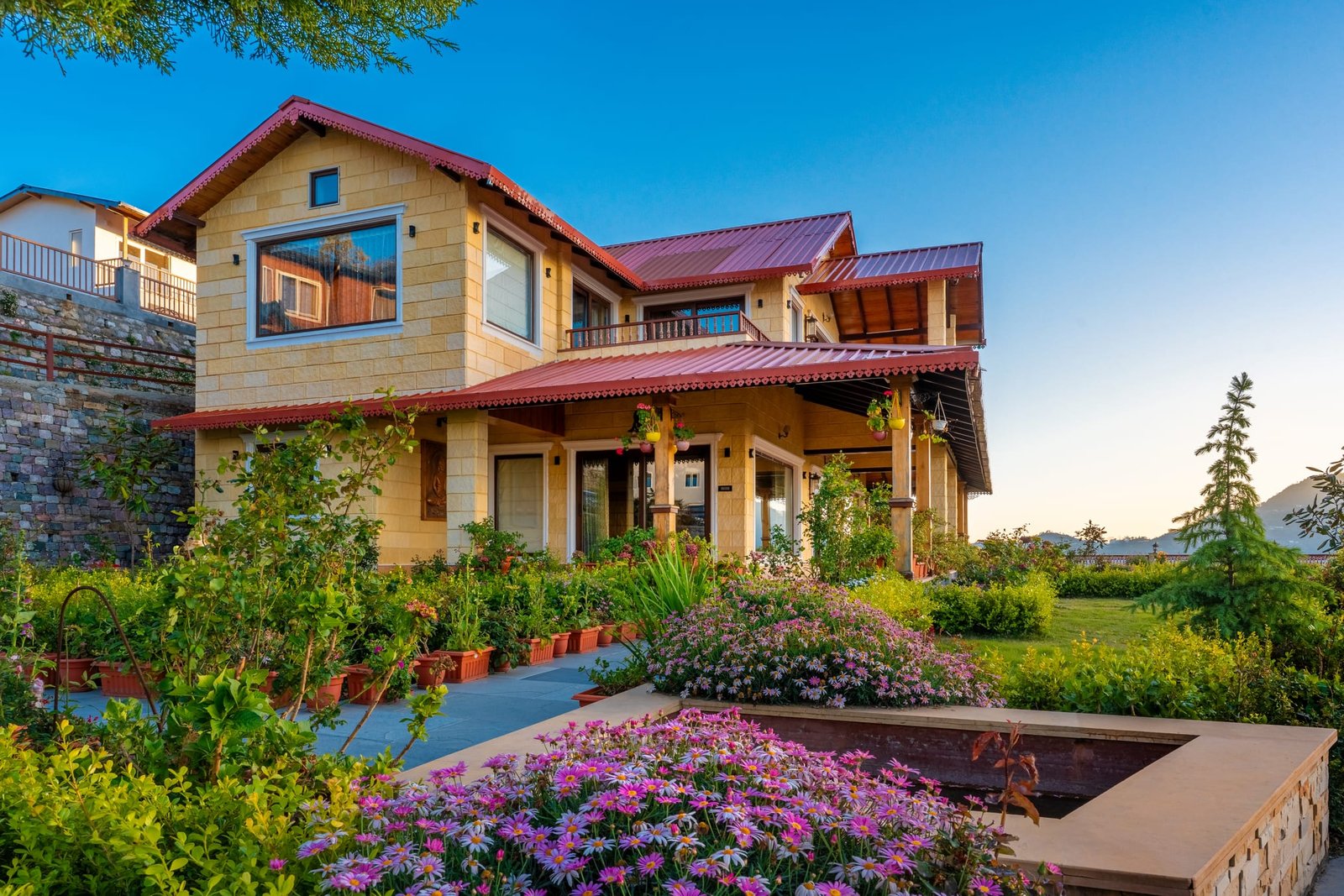 Spacious front terrace and outdoor sitting deck at The Mukteshwar Bungalow